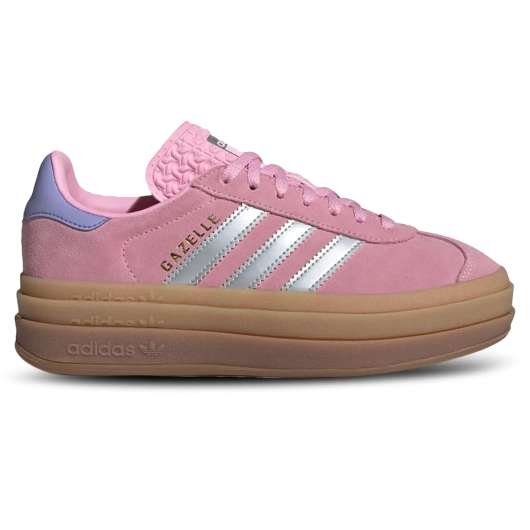 Side view of Adidas Gazelle Bold Kids True Pink Gum Silver Purple JH5539